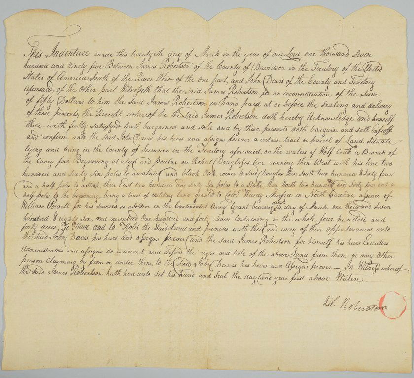 Gen. James Robertson Signed Sale of Land to John Davis: Important land indenture signed by James Robertson, the explorer and co-founder of Nashville, concerning a transfer of property between himself and John Davis, a fellow early settler and surveyor of N