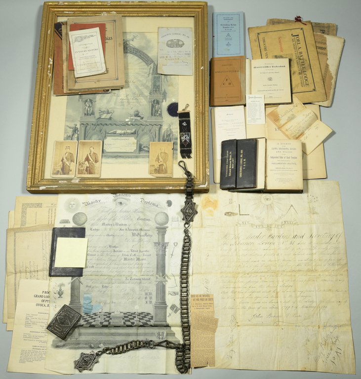 Archive of Masonic Items: Archive of Nashville, Tennessee related Masonic and Fraternal Organization memorabilia. Includes 1 partially printed, highly decorated certificate for Edward Dickson Hicks certifying he has been "dubb