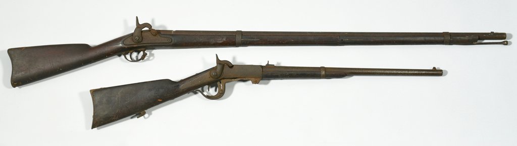 Burnside and Springfield Model 1861 Rifle, Devon Farm: Two Civil War era rifles: Burnside carbine and Springfield Model 1861 rifle. Possible early battlefield finds associated with Battle of Nashville. 1st item: Burnside .54 Caliber Percussion breech load