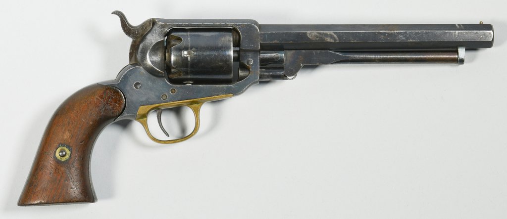 Eli Whitney 31 Caliber, 5 Shot Percussion Revolver: Eli Whitney, .31 caliber, 5 Shot percussion revolver. 6" octagonal barrel, walnut grips, brass trigger guard. Barrel stamped "E WHITNEY N HAVEN". Underside of barrel near ejector joint marked "A124". 