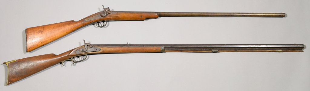 Kentucky Half Stock Rifle Marked Settle 1857 And: Kentucky rifle marked Settle and percussion fowling piece. 1st item: Kentucky half stock long rifle, .40 caliber. Barrel stamped FELIX SETTLE 1857. Walnut stock, brass trigger guard and butt plate, me