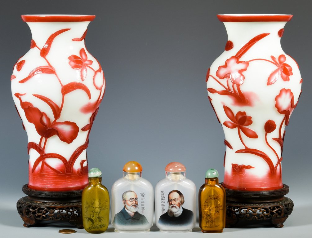Pr. Peking Glass Vases & 4 Snuff Bottles (1 of 10)
