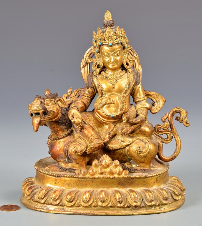 Sino-Tibetan Gilt Bronze Deity on Lion (1 of 8)