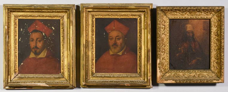 Group 3 Religious Oils, Popes and Saint: Group of Three (3) Religious oil paintings depicting Cardinal de Medici, Cardinal Borghese, and an Eastern Orthodox Saint. 1st item: Oil on copper depicting Cardinal Medici. Born Giovanni di Lorenzo d