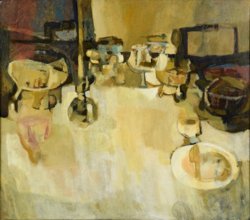 Emery Bopp oil on canvas, Table D'Hote: Emery Bopp (Kentucky/South Carolina, 1924-2007) "Table D'Hote," oil on canvas, cubist inspired still life. Sight - 35" H x 40" W. Framed - 37 1/4" H x 40 1/2" W. Circa 1964. Property of the Hunter Mus