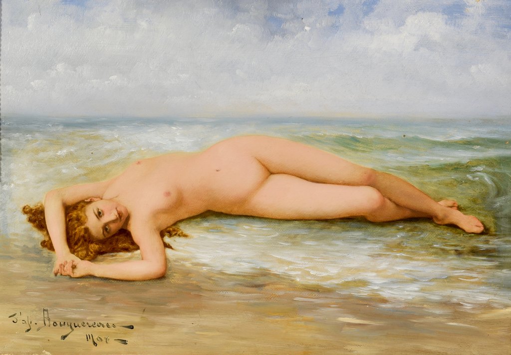 O/C Nude, Manner of Bouguereau: French oil on canvas nude, in the manner of William Adolphe Bouguereau (1825 - 1905), depicting a female nude with raised arms reclining on the beach. Signed lower left "J'aji Bouguereau, May". Sight 