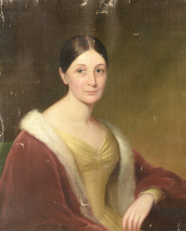 American School, Portrait of Mrs. Pendleton: New York School, circa 1835, circle of Samuel F.B. Morse, oil on canvas portrait of a woman with dark hair wearing a gold dress and red, fur trimmed cape, stenciled mark on back of canvas PREPARED BY