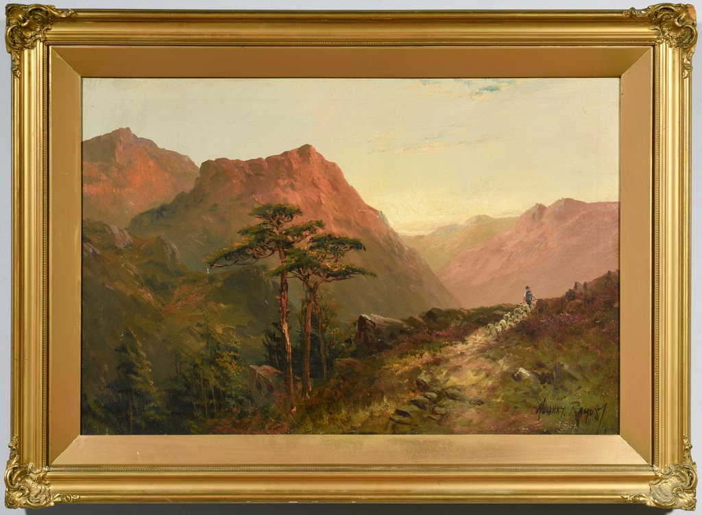 Francis E Jamieson Oil on Canvas Landscape: Francis E Jamieson (United Kingdom, 1895-1950) oil on canvas painting landscape depicting a shepherd tending a flock of sheep on a rocky mountainside at sunrise. Signed lower right with the artist's p