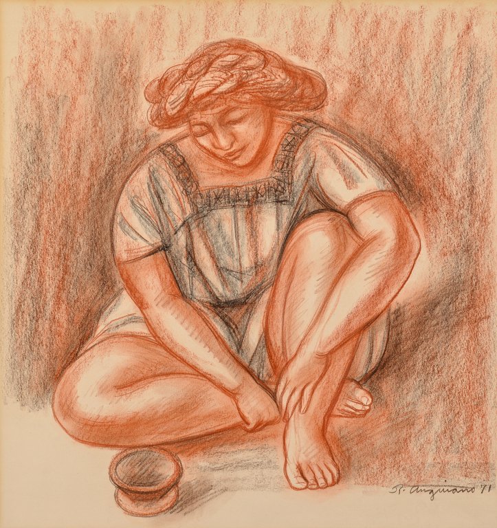 Raul Anguiano Drawing of Female: Raul Anguiano (California/New York/Mexico, 1915-2006) crayon and charcoal on paper depicting a seated woman with pottery bowl. Signed and dated lower right "Anguiano '71". Housed in a modern gilt wood
