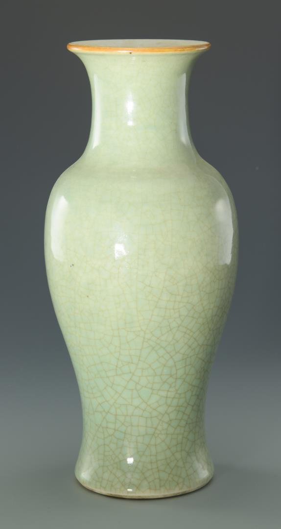 Chinese Celadon Vase: Chinese celadon porcelain vase, Amphora form with gold rim and white glazed interior. 10" H. Possibly Song or Yuan Dynasty. Provenance: Knoxville, Tennessee collection. (Additional high-resolution pho