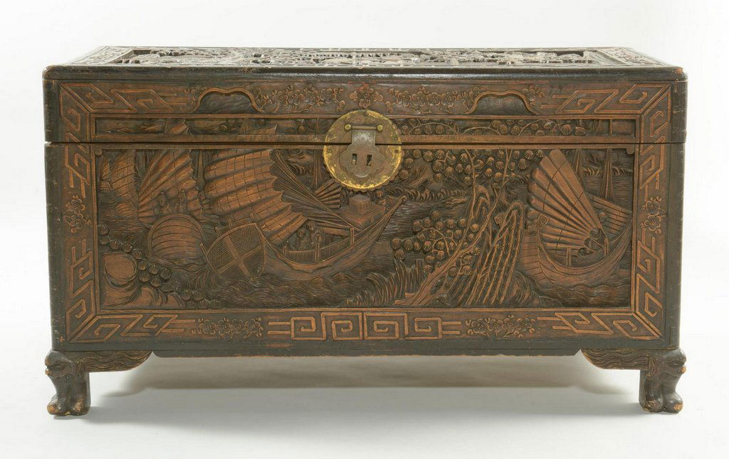 Chinese Carved Camphor Chest w/ Hong Kong stamp (1 of 7)