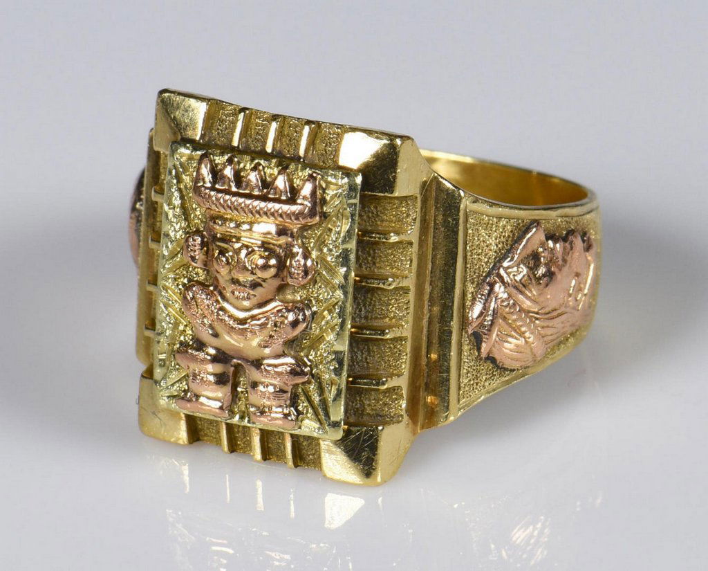 18K Gents Tri-color Aztec style Ring (1 of 7)