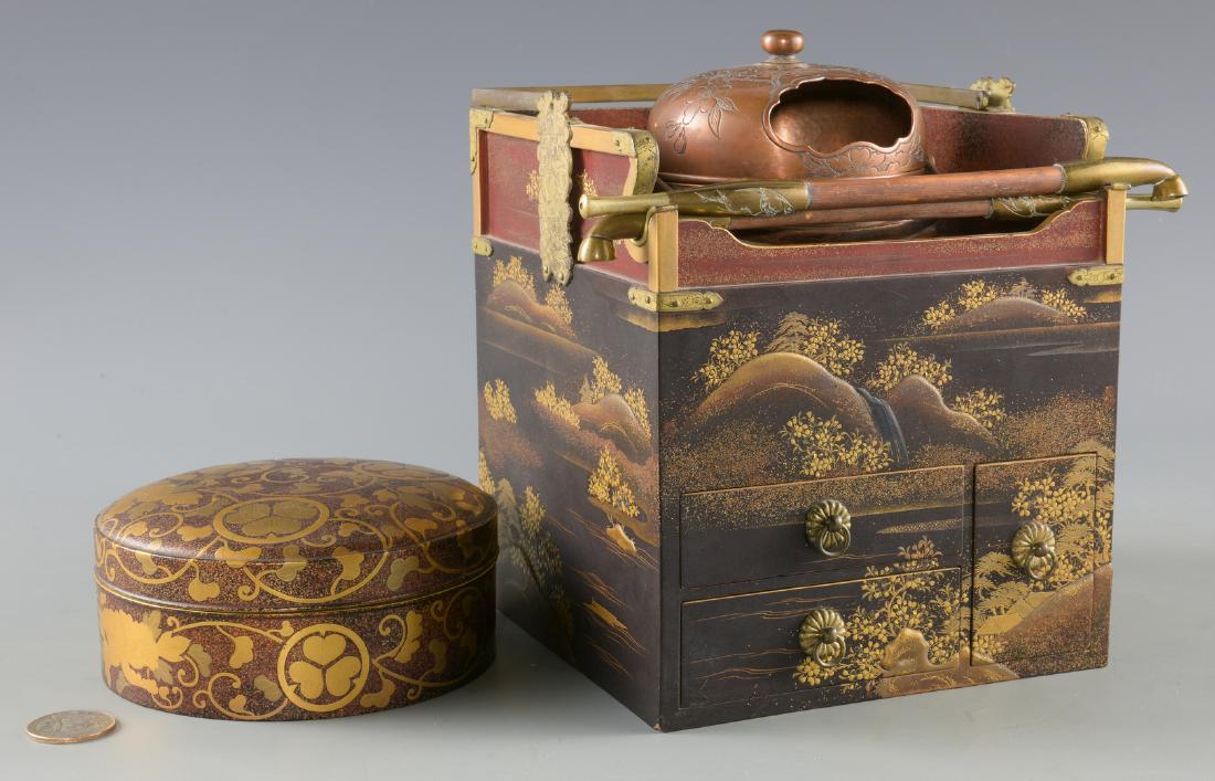 Japanese Gold Lacquer Tobacco Box & Bronze Hand Mirror: 1st item: Japanese lacquer tobacco box or Tabako-bon, comprised of a square box with open top inset with a circular engraved metal container and two metal tobacco pipes, over a base with three drawers
