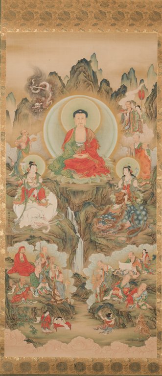 Buddhist T'aenghwa Scroll: A large and ornate Buddhist Taenghwa scroll, painted on silk, depicting Buddha surrounded by immortal court figures and flanked by Samantabhadra on an elephant and Manjushri on a dragon or foo lion; s