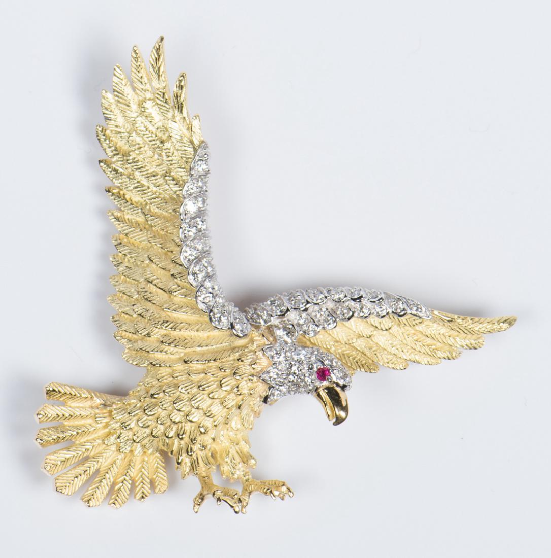 Rosenthal American Eagle Brooch: American Bald Eagle Herbert Rosenthal Bicentennial brooch/pendant consisting of one .02 round brilliant cut ruby surrounded by fifty-four .02 pt. round brilliant cut diamonds (VS1/VS2 clarity, E-F col
