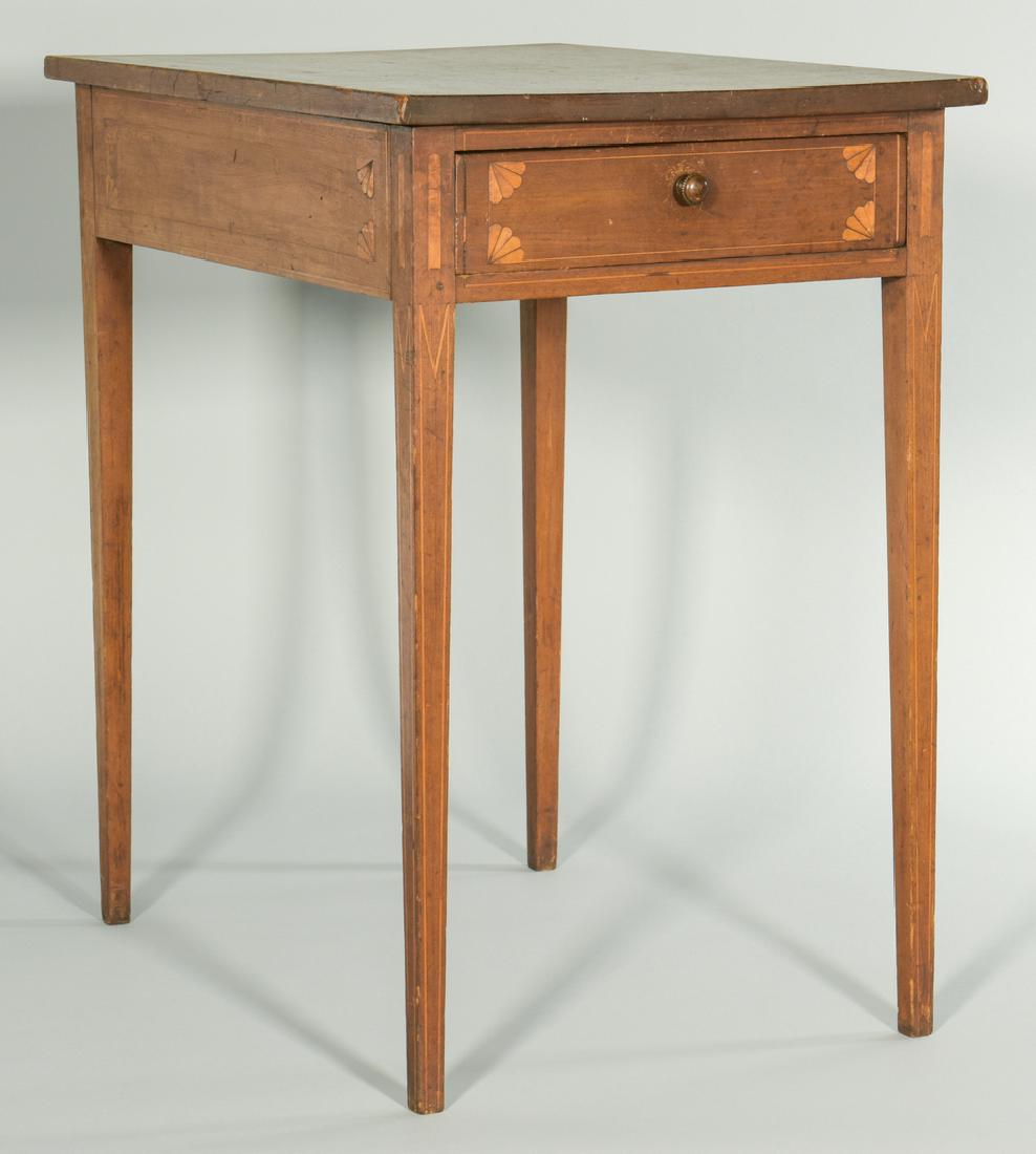 Federal Inlaid Side Table: American Federal Hepplewhite inlaid work or side table of rectangular form, one dovetailed drawer with metal knob, string and quarter fan inlay to drawer front and all table sides (including back), st