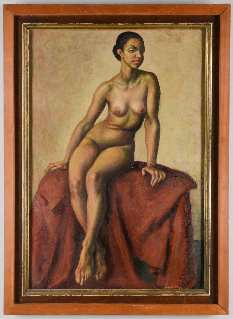 Marcello Tommasi O/C Nude: Marcello Tommasi (Italian, 1928-2008) oil on canvas painting, full length portrait of a nude young woman with dark skin and hair, seated on a draped table. Stained pine frame with burlwood and gilt li