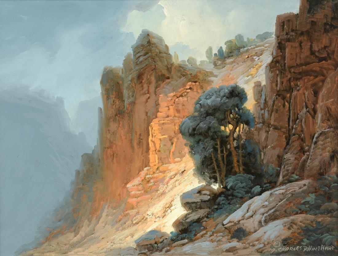 Charles Rhinehart Oil on Board Landscape: M. Charles Rhinehart (Missouri, b. 1930) oil on board landscape depicting steep mountains and a small grove of trees, set against a cloudy sky, with sun breaking through near the center. Signed "M. Ch