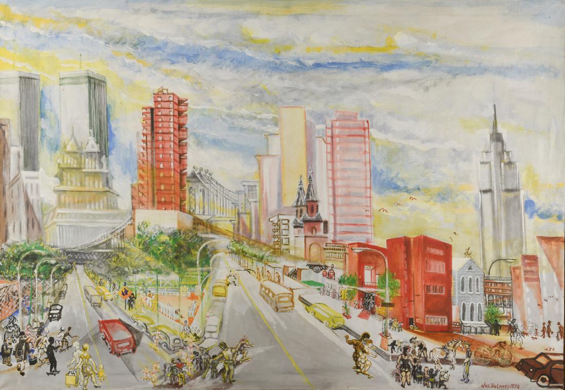 Joseph Delaney o/c, Henry Street: Joseph Delaney (Tennessee/New York, 1904-1991) oil on canvas New York City street scene, titled, "Around Henry Street, 1979." Depicts a partly sunny day with multiracial crowds, automobiles and buses