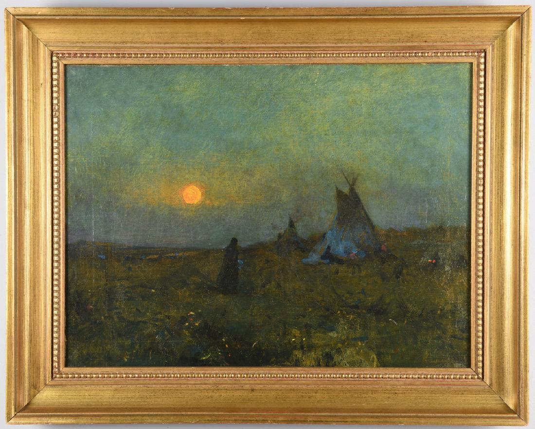 Gilbert Gaul O/C, Indian Encampment: Gilbert Gaul (New York/Tennessee/New Jersey, 1855-1919) oil on canvas painting titled "Indian Camp" depicting the silhouette of a lone figure and two Native American teepees in the dim light of the se
