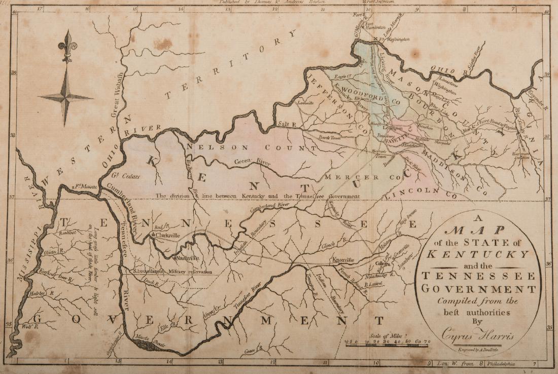 Kentucky and Tennessee Map, 1796 Harris: "A Map of the State of Kentucky and the Tennessee Government Compiled from the Best Authorities", by Cyrus Harris, engraved by Amos Doolittle, published by Thomas and Andrews, Boston, 1796. From "The 