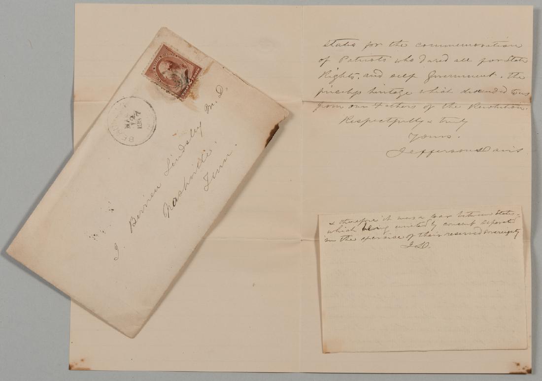Jefferson Davis letter to J.B. Lindsley, ref. McGavock: Jefferson Davis letter to Nashville author, doctor, minister and educator Dr. John Berrien Lindsley with good retrospective content regarding the American Civil War and mention of Nashville war hero C
