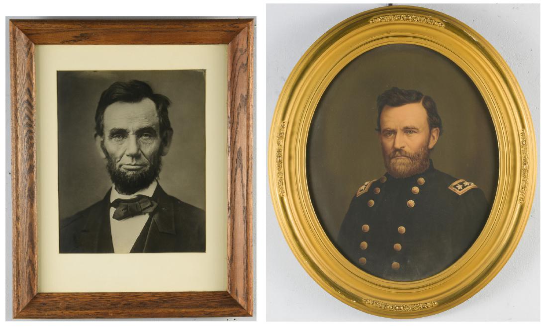 Lincoln & Grant Prints, 2 items: Gelatin silver print of President Lincoln and chromolithograph portrait of General Grant. 1st item: Gelatin silver print of President Lincoln after the negative by Alexander Gardner (American/Scottish