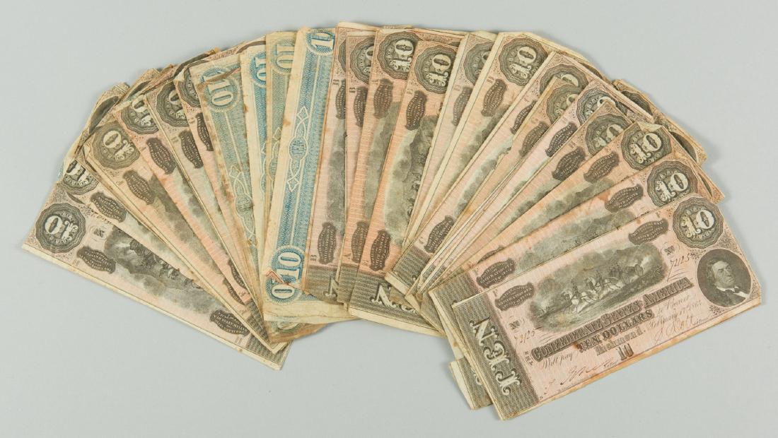 32 Confederate States of America (CSA) Ten Dollar Bills: Confederate States of America (CSA) Ten Dollar Bills, Series 1-7, 9-10, and unspecified, 32 bills total. Issued in Richmond, VA, February 17th 1864, lithographed by Evans & Cogswell, engraved by Keati