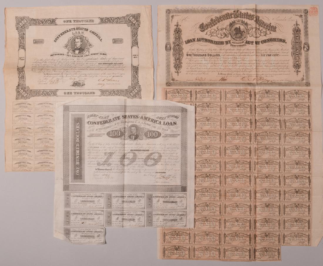 3 Sheets Confederate Bonds: 3 Sheets of Confederate Bonds. 1st Sheet: $1000, Second series with Rose signature, dated March 1, 1864, no. 10241 or 10891, fully signed, red CSA Treasury Department seal stamped upper right corner,