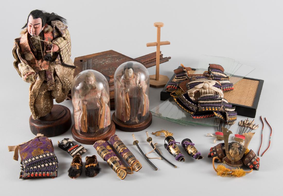 Japanese Kabuki and Emperor Dolls w/ accoutrements: 1st item: Japanese Kabuki Theater Warrior doll, painted composite figure, wearing silk robes and Samurai Sword, with additional elaborate and finely detailed silk and leather warrior costume including
