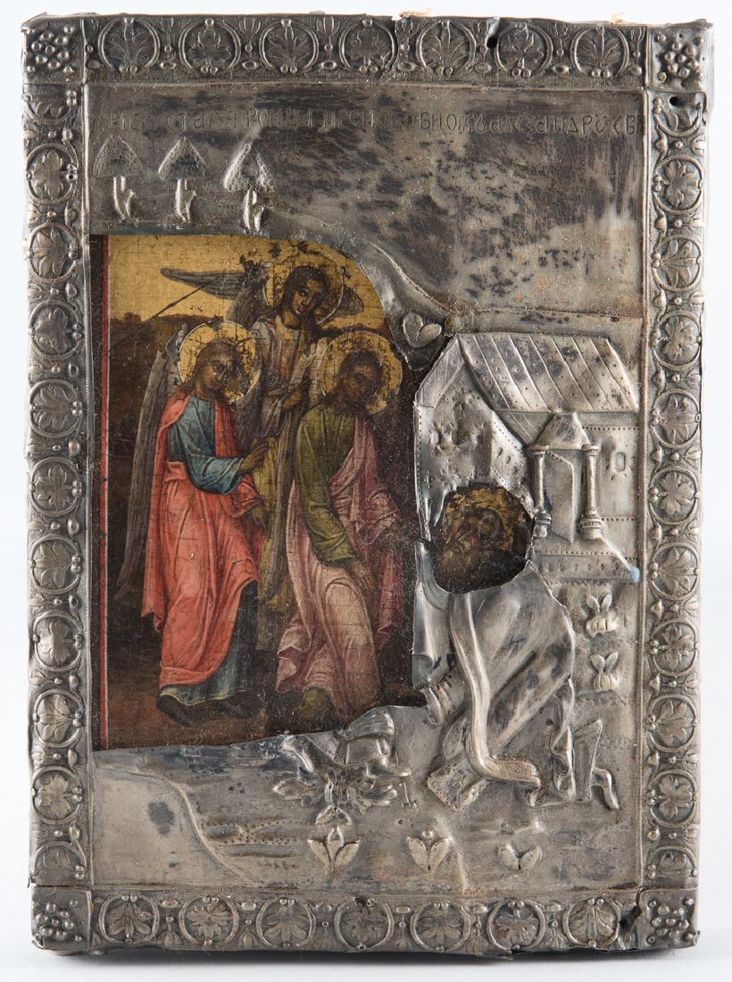 Russian Icon, Old Testament Trinity, hallmarked: Russian icon, dated 1825, depicting the Old Testament Trinity appearing to a white haired man, possibly Abraham. Tempera on wood panel with silver repousse riza showing architectural and clothing deta