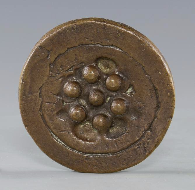 Marcel Duchamp "Sink Stopper" Medallion: Marcel Duchamp (New York/California/France, 1887-1968) bronze medallion titled "Bouche-Evier" (Sink Stopper). Signed, dated, and numbered, "64 56/100", en verso. Mounted in black plexiglass frame. Med
