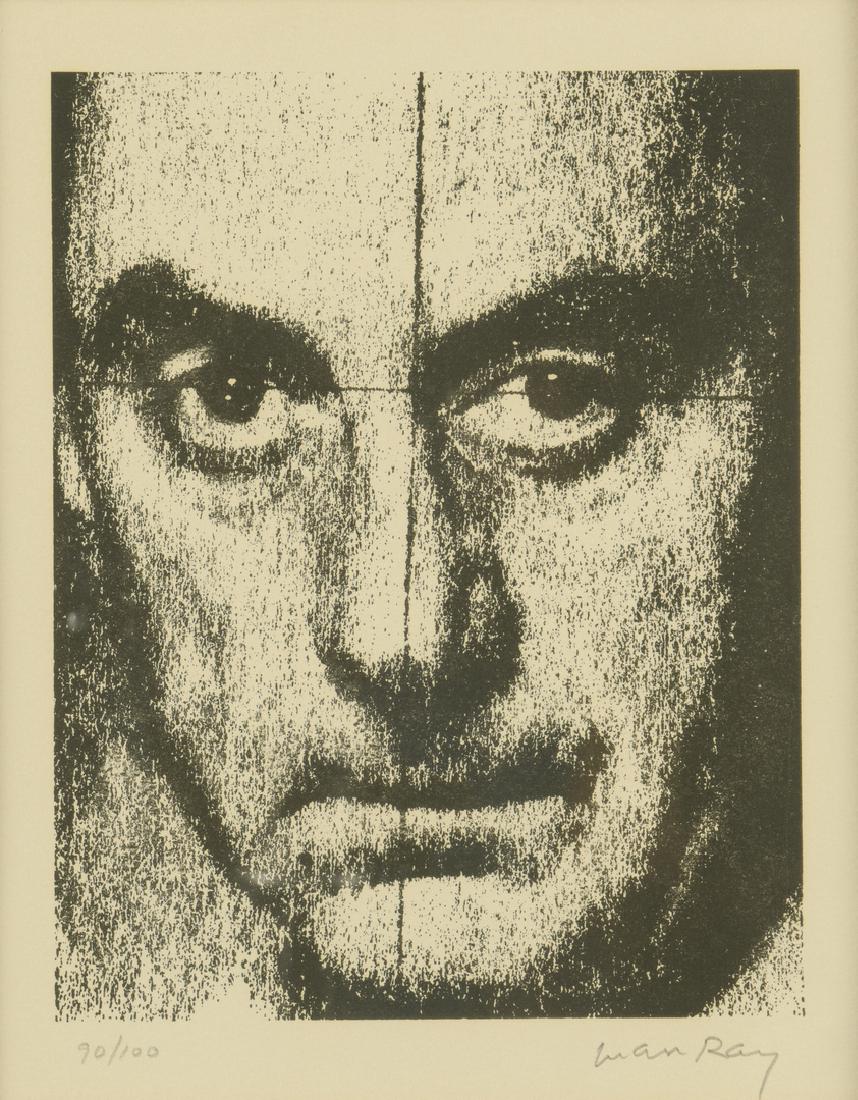 Man Ray Screen Print, Self Portrait: Man Ray (New York/Pennsylvania/California/France, 1890-1976) screen print on paper depicting the artist's self portrait. Pencil signed lower right and numbered 90/100 lower left. 20th Century Gallery,