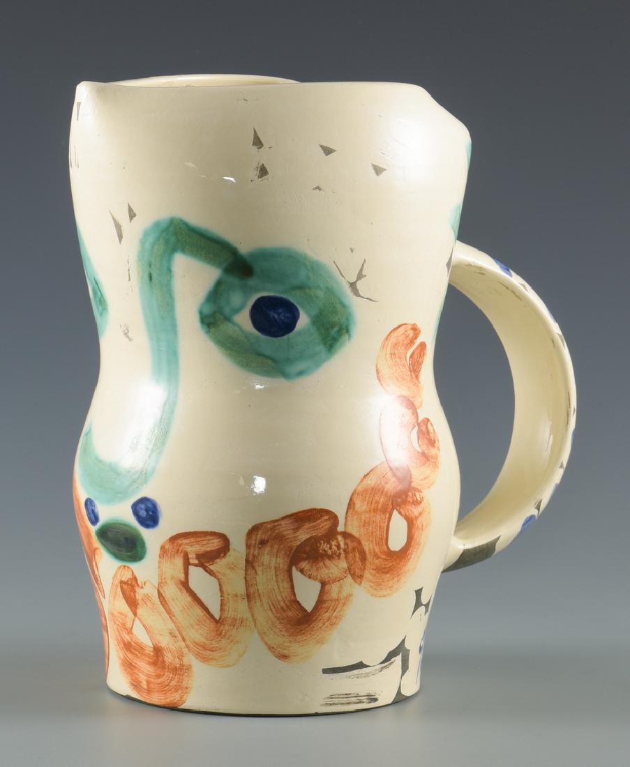 Picasso Ceramic Vessel "Visage Aux Cercles": Pablo Picasso (Spanish, 1881-1973) white earthenware with multicolor paint titled "Visage Aux Cercles". Dated on side of vessel. Signed and numbered "Madoura Plein Feu Edition Picasso, 243/500 R 140" 