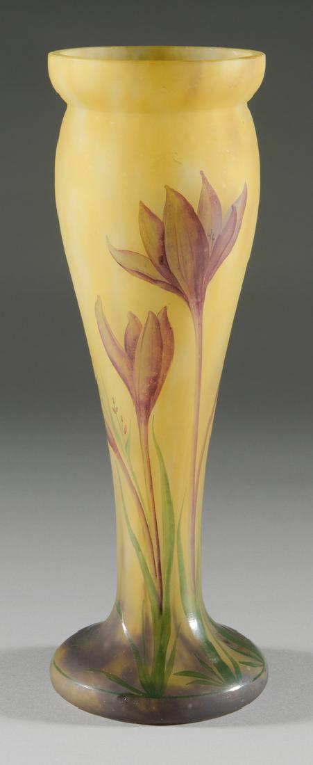 French Art Nouveau Glass Vase: Daum Nancy Mado Art Glass vase, enamel-decorated with purple flowers and long narrow leaves against a striated gold background, signed near base "Mado Nancy," 12" H. French, circa 1900. (Additional hi