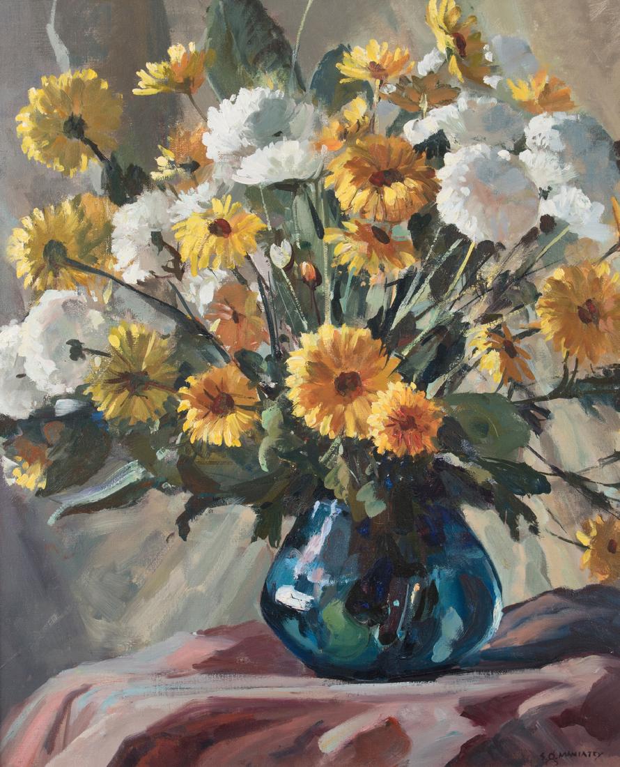 Stephen Maniatty, O/C, Still Life: Stephen George Maniatty (Massachusetts/Connecticut, 1910-1984) oil on canvas still life painting depicting an overflowing blue vase of white and yellow flowers. Signed "S. G. Maniatty" lower right. Bl