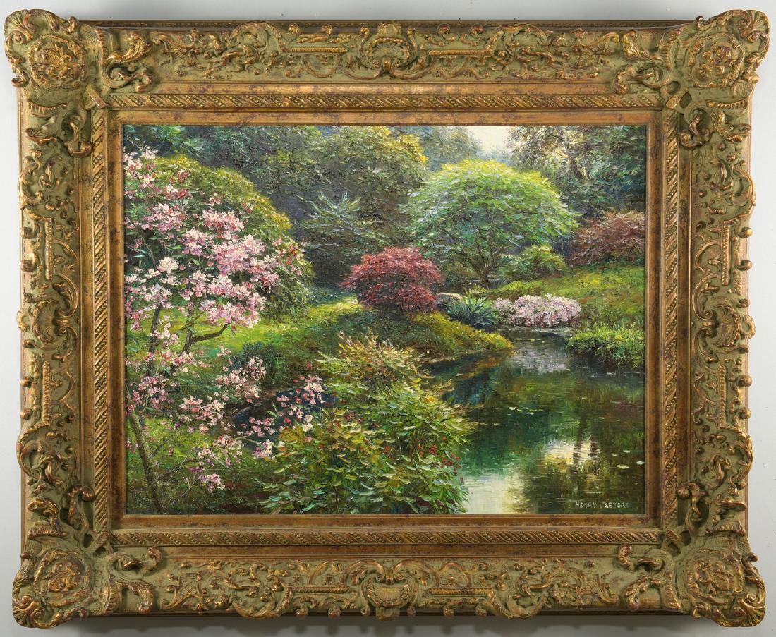 Henry Peeters O/C Garden Landscape: Henry Peeters (American, 20th c.) oil on canvas landscape, impressionist painting depicting a lush garden, signed lower right. Housed in an elaborately carved Rococo style frame. 30" x 40" canvas, 45"