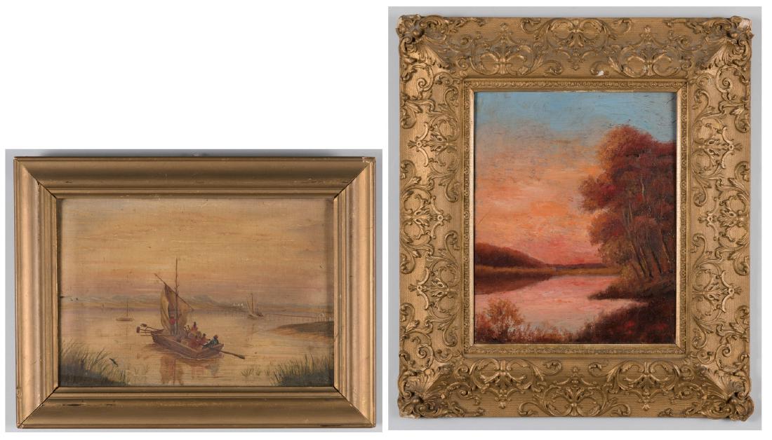 2 oils: Clamdiggers and Sunset: 1st item: Southern School, possibly North or South Carolina, oil on canvas coastal landscape, depicting five African American figures in a boat with marshy grass in the foreground. Unsigned; titled "C