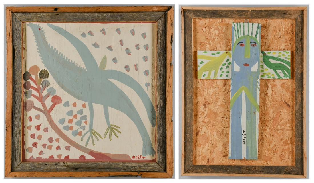 2 Mose Tolliver Folk Art Paintings: Two (2) Mose Ernest Tolliver (Alabama, 1919-2006) folk art paintings. 1st item: House paint on plywood painting in the form of a crucifix with a blue and green Christ figure flanked by two green birds