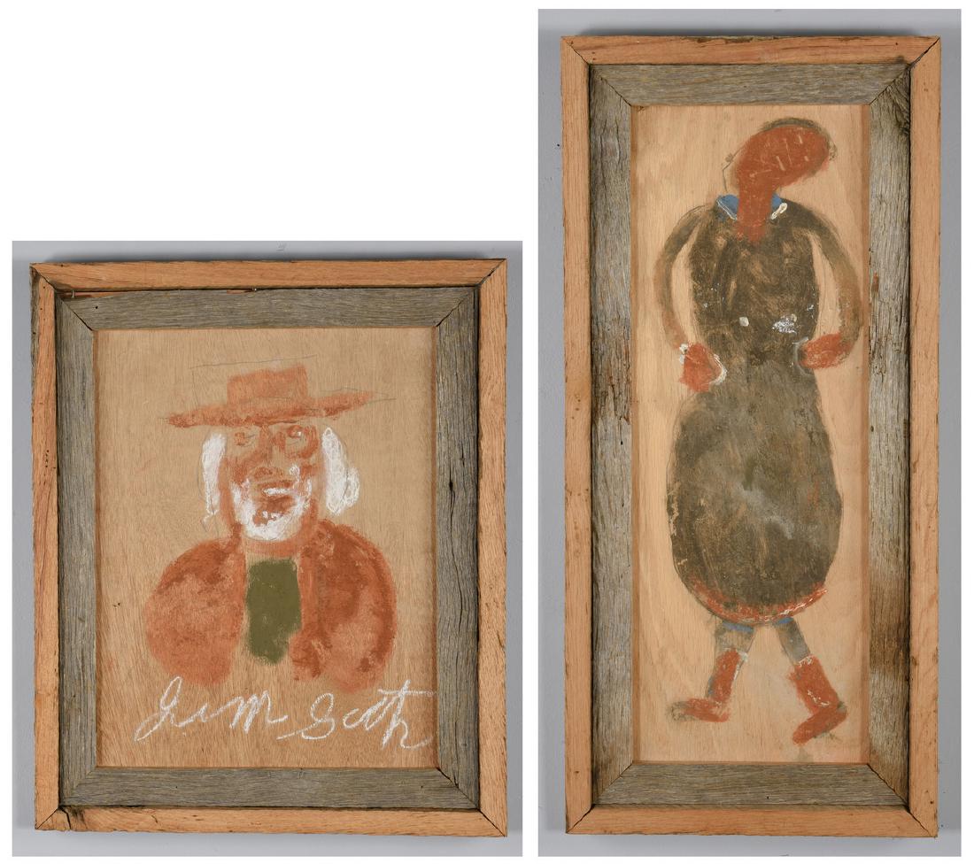 2 Jimmie Lee Sudduth Paintings, George Washington and: Two (2) Jimmie Lee Sudduth (Alabama, 1910-2007) folk art paintings. 1st item: Paint and mud on board painting depicting George Washington. Signed "Jim Suth", across lower edge. Painted floral sprays, 