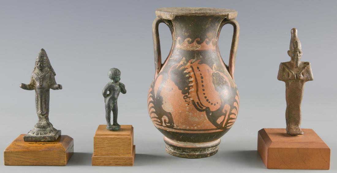3 Ancient Bronzes & 1 Ancient Greek Pelike: 1st item: Ancient bronze statuette depicting a deity, possibly the Sumerian goddess Lama, wearing a long tiered robe and a horned tiara with outstretched arms on a decorative pedestal. May have been m