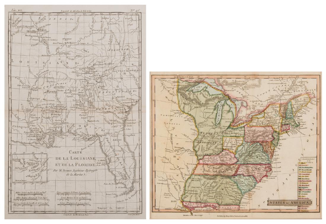 2 Maps, LA/FL and US, Late 18th and early 19th century: 1st item: "Carte de la Louisiane et de Floride", by Rigobert Bonne, engraved by Gaspard Andre, published by J. L. Pellet, Geneva, 1780. From "Histoire Philosophique et Politique" by Guillaume-Thomas R