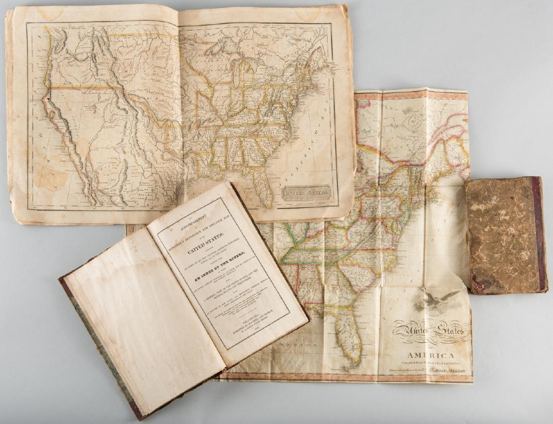 Map and Atlas Lot, 3 pcs incl. Melish Directory: 1st item: THE TRAVELLER'S DIRECTORY THROUGH THE UNITED STATES by John Melish, published by T. H. Palmer, Philadelphia, 5th edition, 134 pages with fold out map, tables, and smaller maps, 1819. Brown a