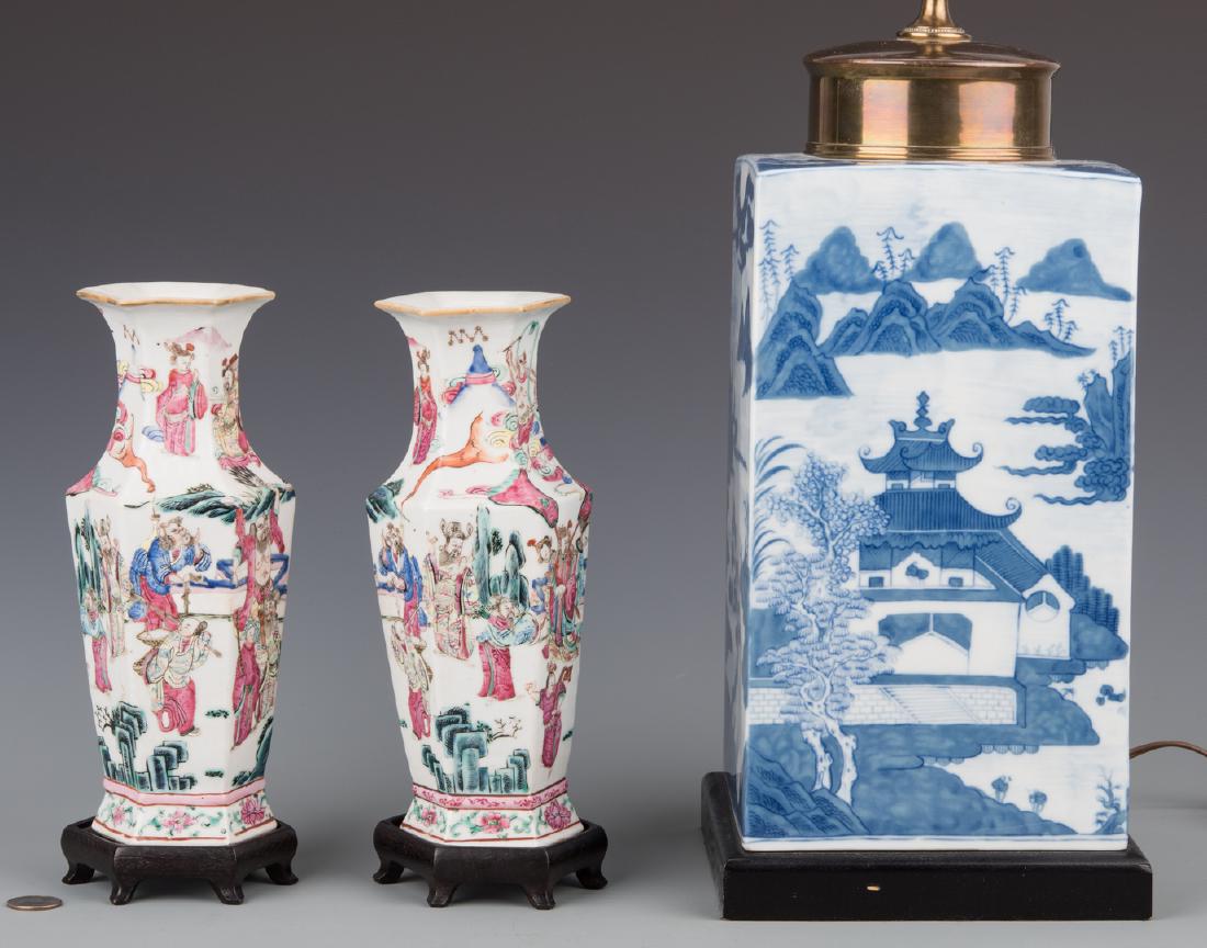 Pr. Chinese Famille Rose Vases & Mottahedeh Blue Canton: 1st-2nd items: Pair Chinese Famille Rose hexagonal form vases with allover figural enameled decoration. Both with fitted hardwood stands. 9 3/4" H. 19th century. 3rd item: Mottahedeh Blue Canton tea j