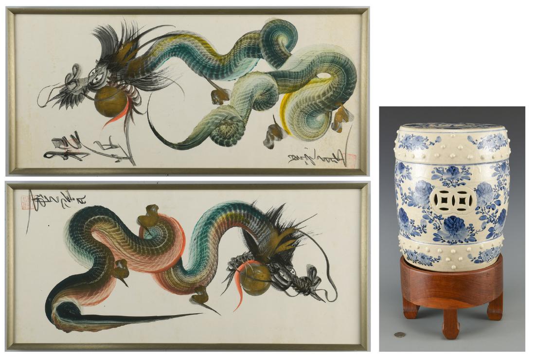 Chinese Dragon Paintings and Garden Stool: 1st item: Stoneware garden stool, drum or barrel form with hand painted cobalt star and flowers to top and sides, additional pierced symbol decorations on sides and raised ball decoration to lower edg