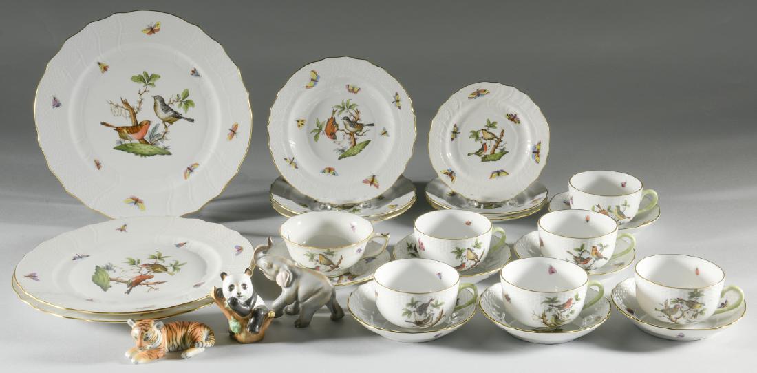 Herend Rothschild Dinnerware & "Smithsonian" Animals,: 1st group: Twenty-three (23) pieces of Herend Rothschild Bird porcelain dinnerware, including 3 dinner plates (#1524), 3 salad plates (#1518), 3 bread and butter plates (#1515), 1 footed cup and sauce
