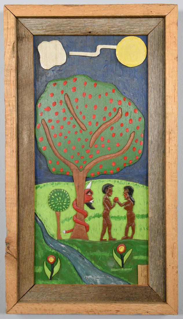 Leroy Almon, Sr. Carving, Adam and Eve: Leroy Almon, Sr. (Georgia, 1938-1997) painted wood folk art carved relief depicting Adam and Eve in the Garden of Eden with the Devil in the form of a serpent wrapped around a tree. Signed with "LA" m