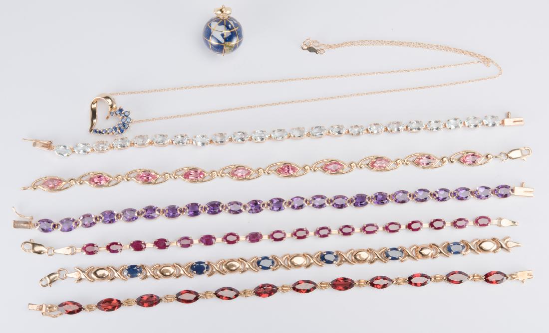 14K and 10K Gemstone Jewelry: 1st group: Group of 5 14K yellow gold faceted gemstone jewelry items including heart-shaped sapphire pendant on 17" L chain, 3 semi-precious stone link bracelets including amethyst, 7" to 7-1/4" L plu
