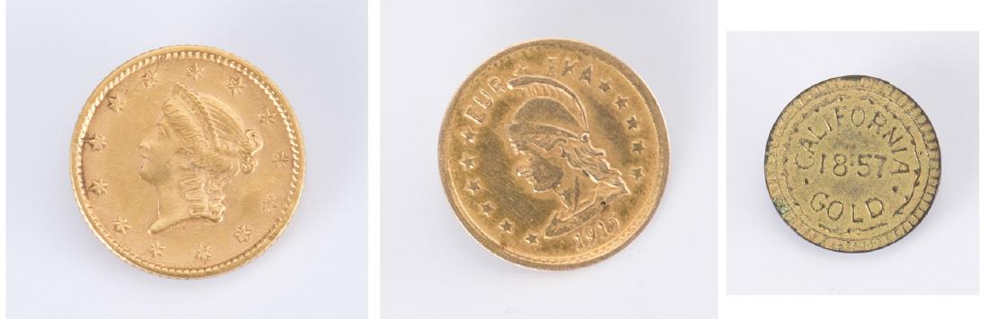 3 Gold Rush Related Coins: 1st item: 1853 $1 US Liberty Head gold coin, head with crown facing left and surrounded by stars, the reverse center marked "1 DOLLAR 1853" within an open wreath and "United States of America" around 