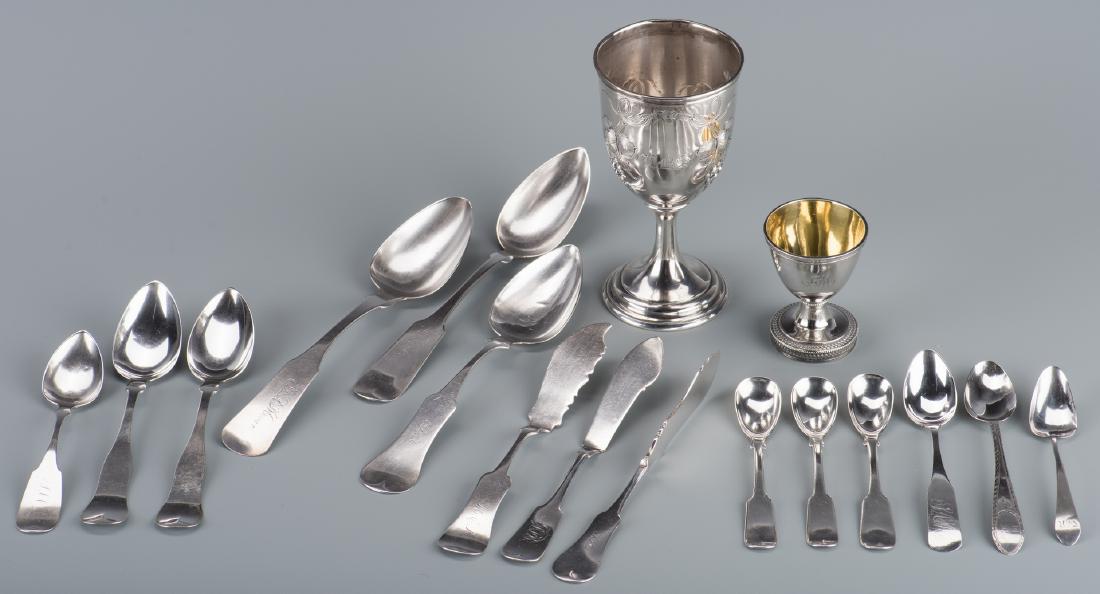 Assd. Coin silver inc. Southern and Goblet: Group of assorted mostly coin silver flatware and hollowware. Includes 1 coin silver goblet with repousse grape and flower design forming a cartouche, monogramed LBS, no maker's mark, 6"H; 1 miniature